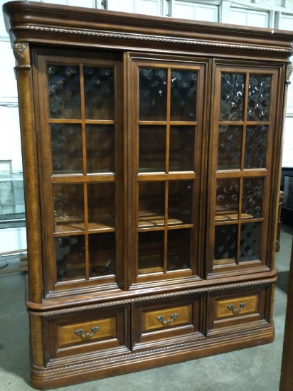 Aspenhome lighted library cabinet w/ sliding glass doors, 3 file cabinet drawers, nice condition