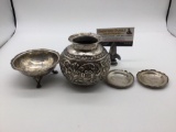 4 pieces of antique and rare Peruvian 900 coin silver / footed bowl, vase, 2 small dishes , 283 grms