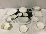 15 pc. lot of vintage Corning Ware dinnerware, some w/ lids/ serving stands/ Cornflower pattern +