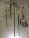 5 pc. lot of vintage wood handle yard tools; sledge hammer, pic axes , shovel, and more.