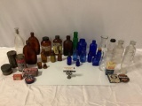 Lot of vintage glass brown/ blue/ clear bottles / antique product packages; Budweiser, Shinola