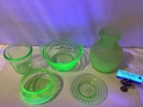 5 pc. Vintage Vaseline glass kitchen decor; Frigidaire Iced Tea Server, optic bowl, cup measure,