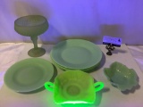 7 pc. lot of vintage pale green glass decor; Fenton 2-handle Vaseline glass butterfly bowl, maple