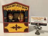 Painted cast iron Punch and Judy Bank coin bank, tested and working, approx 6 x 4 x 7.5 in.