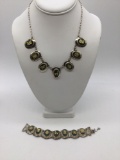 Vintage Peruvian sterling silver necklace and matching bracelet w/ 18k gold settings.