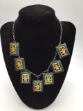 Phenomenal antique Chinese sterling silver , carved bone / ivory? , and blue enamel necklace