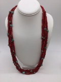 Nice south western Style coral ? multi strand Beaded necklace with turquoise