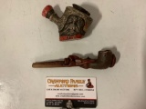 2 pc. lot of custom tobacco smoking pipes: Adam and Eve design bone carved pipe bowl,