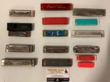 15 pc. lot of vintage harmonicas / toy harmonica: Star, Brelli, Ja-Ru, Parrot, ERS, Happy w/ case