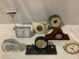 7 pc. lot of vintage / modern mantle/desk clocks: Keno, Robert Abbey, made in Germany, all sold as