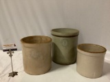 3 pc. lot of vintage stoneware ceramic crocks; Pacific Stoneware Portland Or. 2 gal. / 3 gal.,