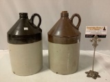 2 pc. lot of vintage stoneware ceramic jugs w/ handle, 1 w/ cork, approx 7 x 12 in.