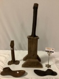 4 pc. lot of antique 1800s cast iron cobblers shoe forms w/ 1 stand mounted on wood base