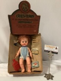 RARE antique Cries-Tears 12 in. vinyl baby doll w/ original box, DuPont Sponge, Ivory Soap, hot