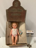 RARE antique Cries-Tears 14 in. vinyl baby doll w/ original box and accessories. DuPont Sponge, 2