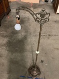 Antique standing metal bridge lamp w/ intricate design, no shade, tested/working, approx 13 x 56 in.