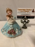 Vintage JOSEF ORIGINALS girl in blue dress holding baby figurine, approx 4 x 4.5 in. RARE figure