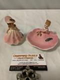 Vintage 2 pc. lot of JOSEF ORIGINALS girls in pink dresses figurines, approx. 3 x 4 in. Tray has