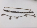 3 antique sterling silver bracelets , braided vermeil , Thai Nakon, Parton Saint charm bracelet