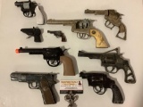 9 pc. lot of vintage toy cap guns / metal prop replica pistols in nice to worn condition; Hubley,