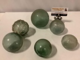 6 pc. lot of vintage glass float balls, 1 w/ rope netting, approx 4 x 4 in.