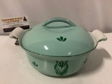 Vintage enameled metal crock w/ lid, made in Holland, approx 10 x 5 in.