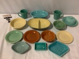 14 pc. lot of vintage pastel ceramic tableware: Bauer, Franciscan, Fiesta Ware, Sakura, Harkerware