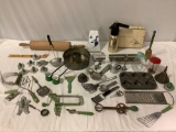 Huge lot of vintage / antique kitchen tools: Soda King, cookie cutters, graters, strainers, muffin