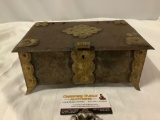 Antique hammered metal jewelry box, approx 10 x 6 x 4 in. Metal with wood interior.