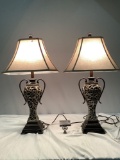 Pair of modern lamps w/ shades, nice condition, tested/working, approx 17 x 23 x 11 in.