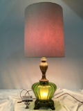 Vintage metal and glass base lamp w/ lower light feature, tested/working, approx 14 x 34 in.