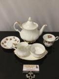 Nice 6 pc. lot of Royal Albert fine English china: Val D?or tea set / Canada - From Sea to Sea tea