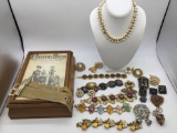 Excellent selection of vintage fashion jewelry w/ rhinestones , glass , faux pearls w/ jewelry box