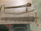 Antique misery whip saw 1 Handel , pair of logging hooks and unique 2 handled blade