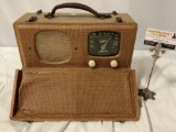 Antique ZENITH - Wavemagnet Universal tube radio w/ tweed wrapped case, approx 7 x 10 x 15 in.