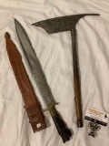 2 pc. lot of vintage wood handle short sword w/ leather stamped sheath, pick axe, approx 20 x 13 in.