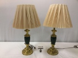 Pair of vintage brass table lamps with shades, tested and working, approximately 15 x 31 in.