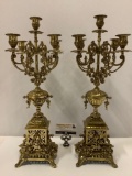 Pair of ornate vintage brass 5 candle candelabras candleholders, approx 7 x 21 in.