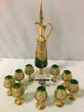 10 pc. vintage green glass decanter w/ stopper and 9 matching glasses, hand painted details, nice