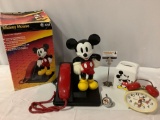 4 pc. lot of vintage Walt Disney - Mickey Mouse: AT&T telephone w/ box, tissue box cover, alarm