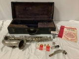 Vintage/antique silver plate alto saxophone musical band instrument, hard case & reeds
