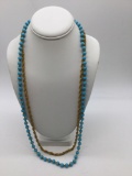 Rare turquoise beaded and gold toned double stranded necklace signed Miriam Haskell