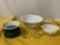 5 pc. Vintage lot; Pyrex milk glass mixing bowl, enamel bowl, Hall vase, Hoosier Glass vase,