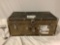 Vintage Trunk with leather handle showing heavy wear, approx 30 x 16 x 12 in.