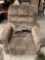 Electronic lift chair upholstered recliner, tested/working, shows wear, approx 33 x 34 x 47 in.