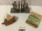 4 pc. lot of vintage sailing ship design wood items: book ends, sculpture, model clipper ship.