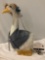 Painted ceramic Goose statue with cloth outfit and woven hat, approx 14 x 18 x 6 in.