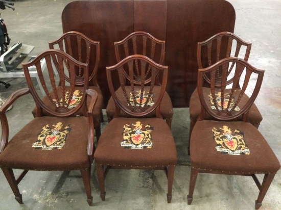 Vintage dining room set: cherry wood table w/ 1 leaf (needs legs glued), 6 chairs, sold as is.