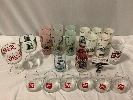 22 pc. collectible drinking glasses: Seattle Seahawks, Marvel THOR, 7Up, Pepsi-Cola, Schlitz Beer,