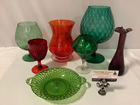 7 pc. lot of vintage colored glass home decor: vase, candy dish, red hobnail goblet, purple vase.